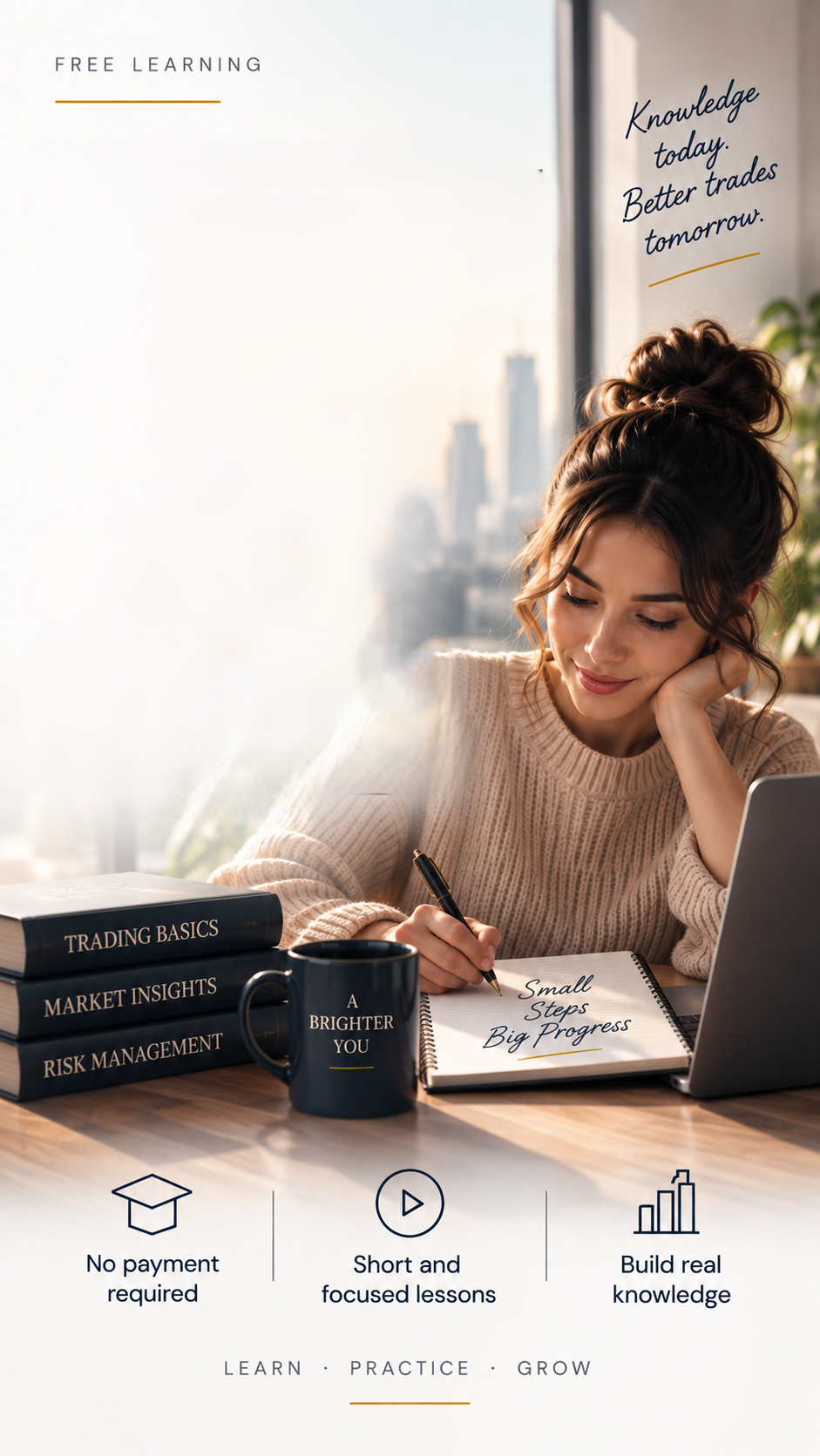 A learner smiling while taking notes at a sunlit desk beside trading books. No payment required. Short and focused lessons. Build real knowledge.