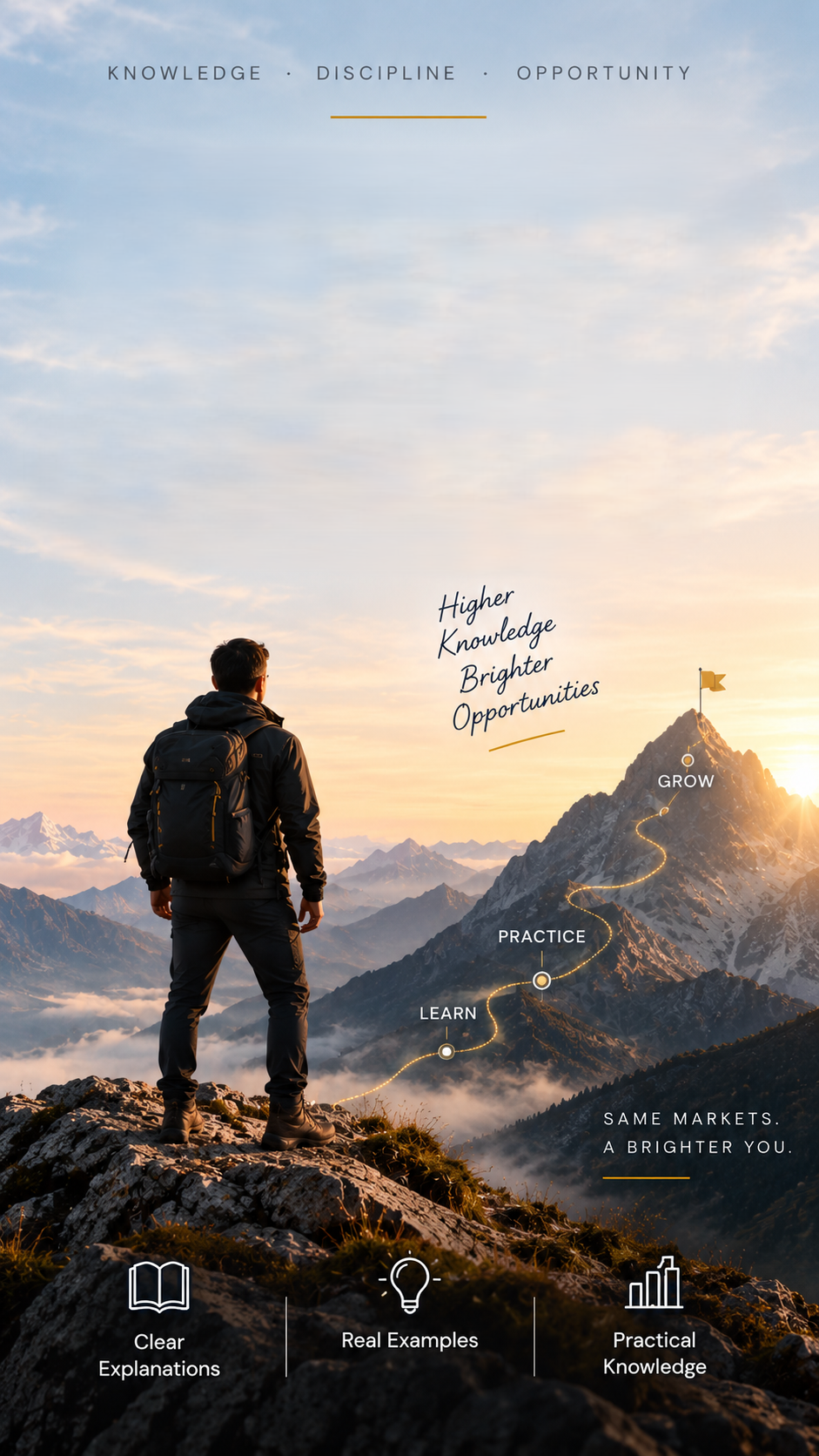 A hiker on a summit looking along a glowing path marked Learn, Practice and Grow. Clear explanations. Real examples. Practical knowledge.
