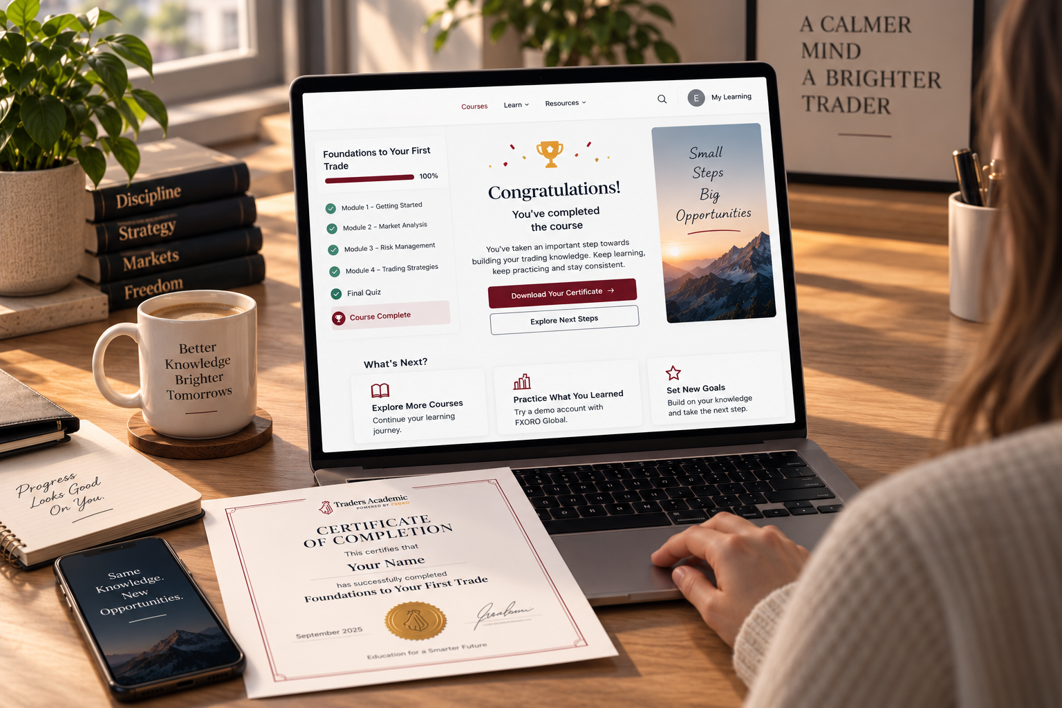 A course completion screen next to a printed certificate of completion