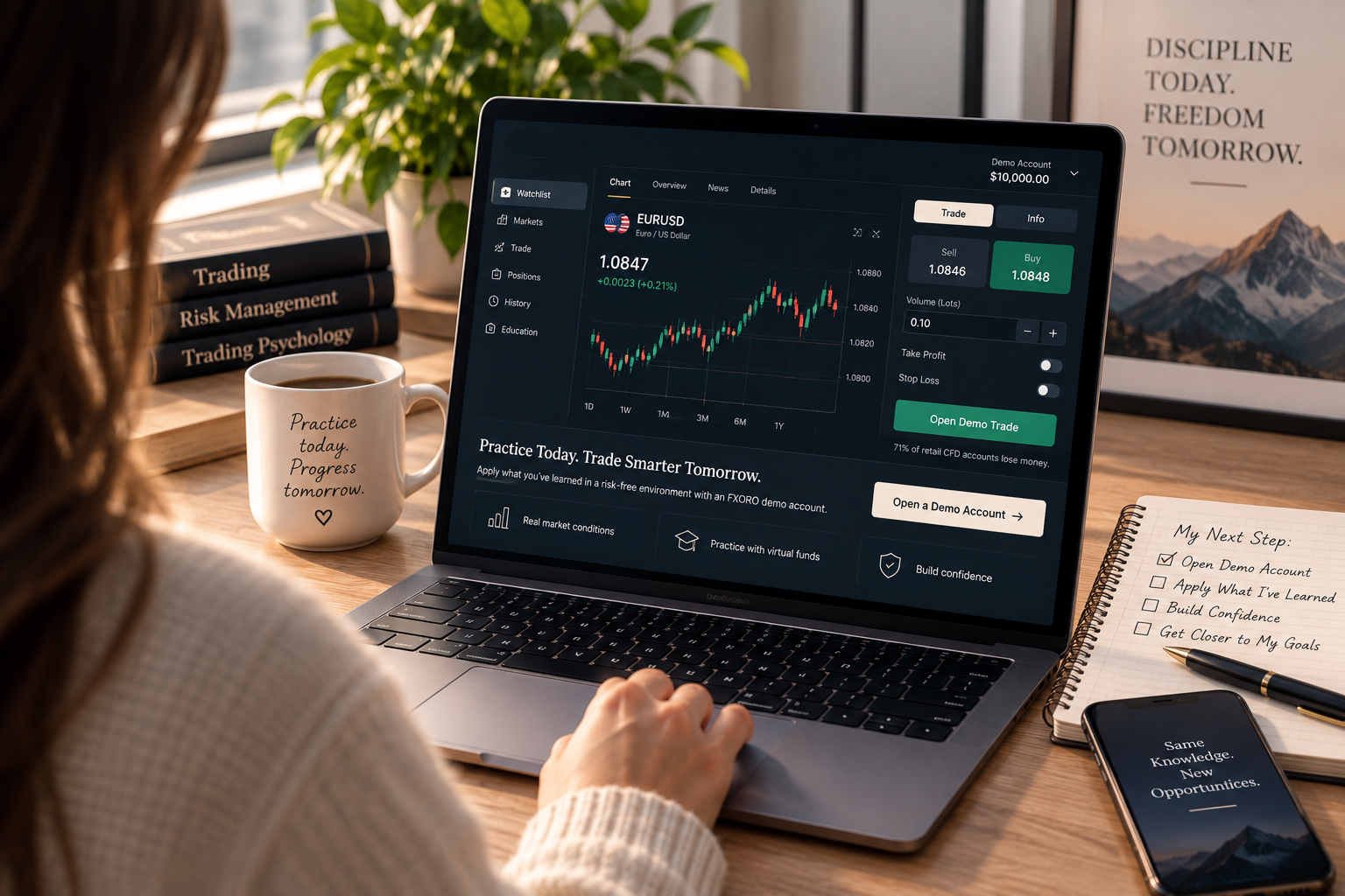 A demo trading platform showing a EUR/USD chart on a laptop