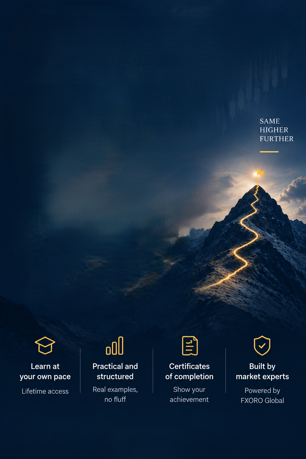 A glowing path winding to a flag on a mountain summit. Learn at your own pace, with lifetime access. Practical and structured, with real examples. Certificates of completion. Built by market experts, powered by FXORO Global.