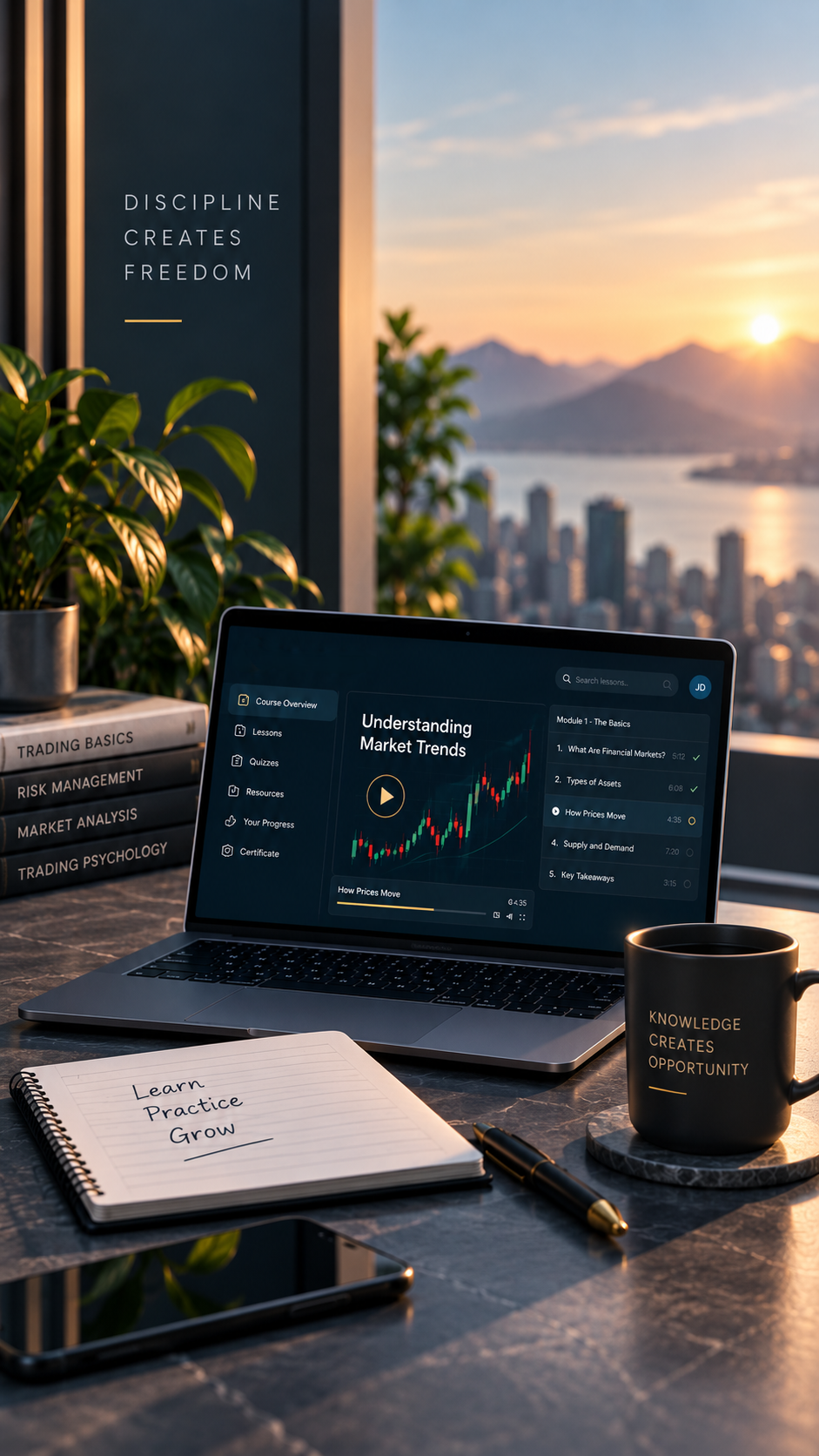 Trading course playing on a laptop in a workspace at golden hour
