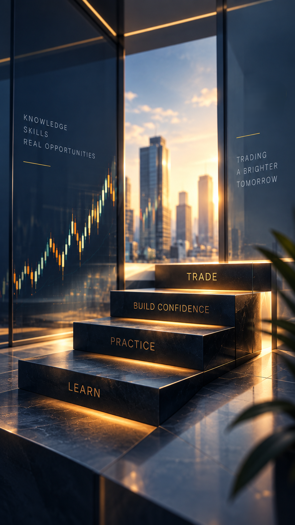 Illuminated stone steps labelled Learn, Practice, Build Confidence and Trade leading to a city skyline